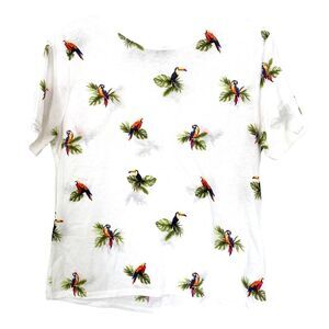 Forever 21 White Tropical Print Crew Neck Short Sleeve Shirt Summer Vacation L